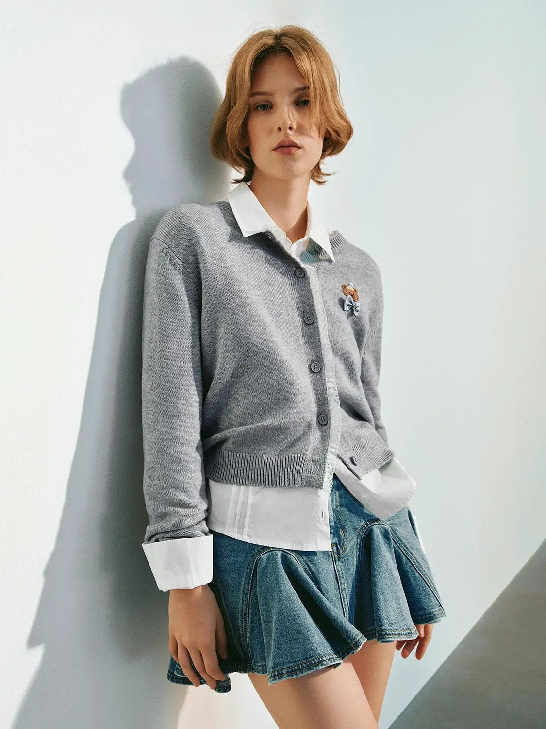 Knit Ribbed Placket Collar Long Sleeve Cardigan