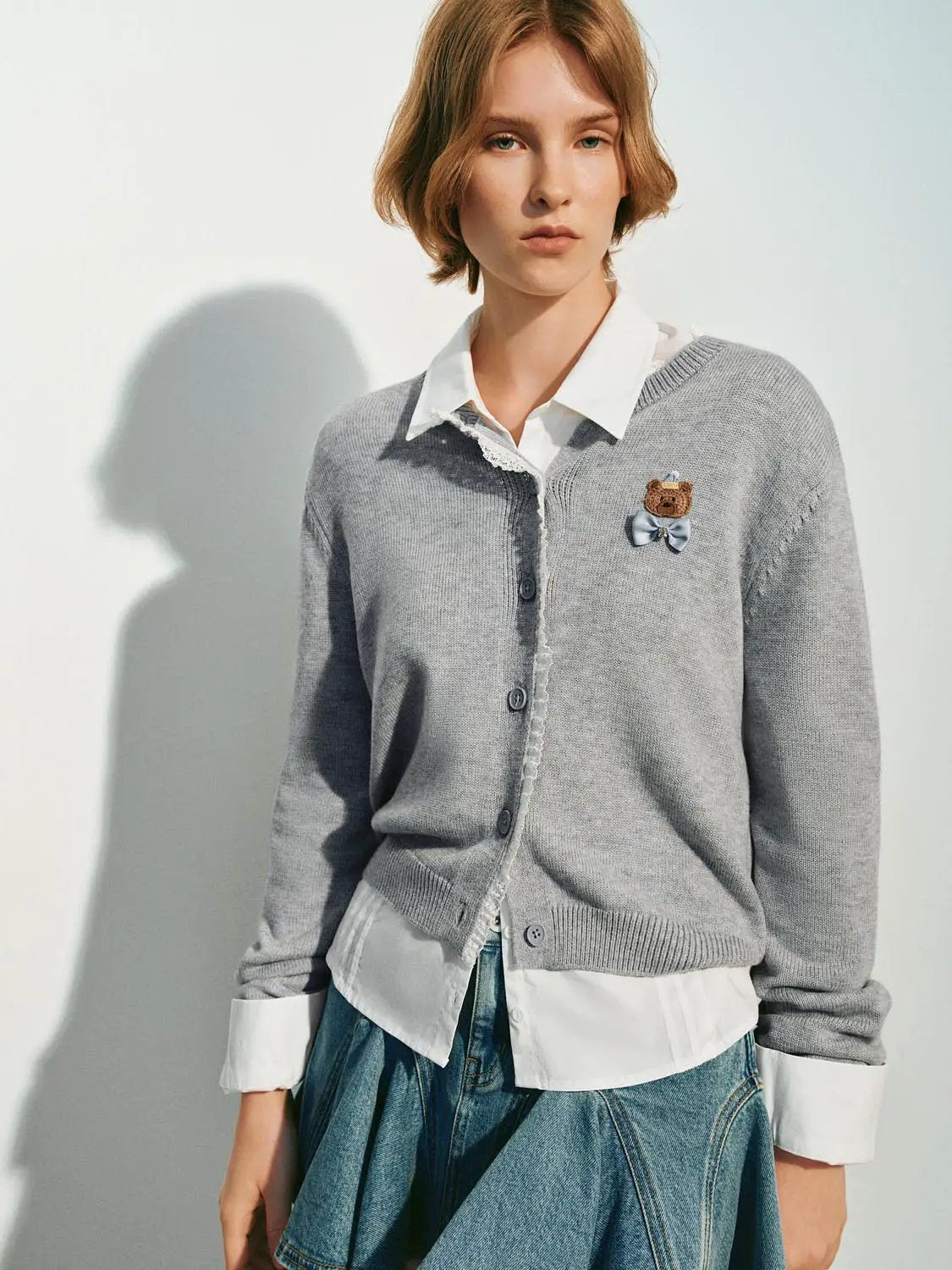 Knit Ribbed Placket Collar Long Sleeve Cardigan