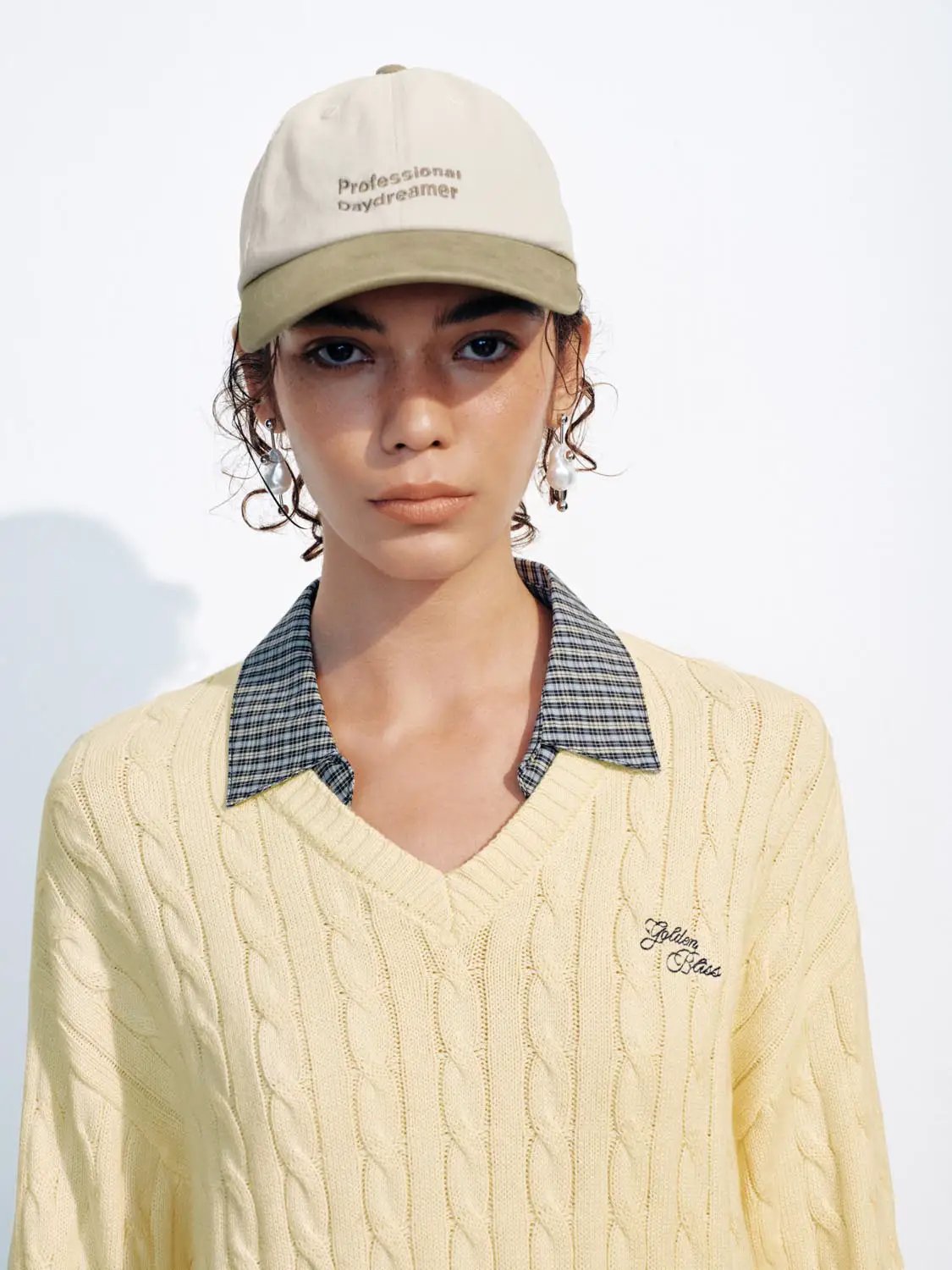 Cable Knit Checked Collar Long Sleeve Cotton Sweater