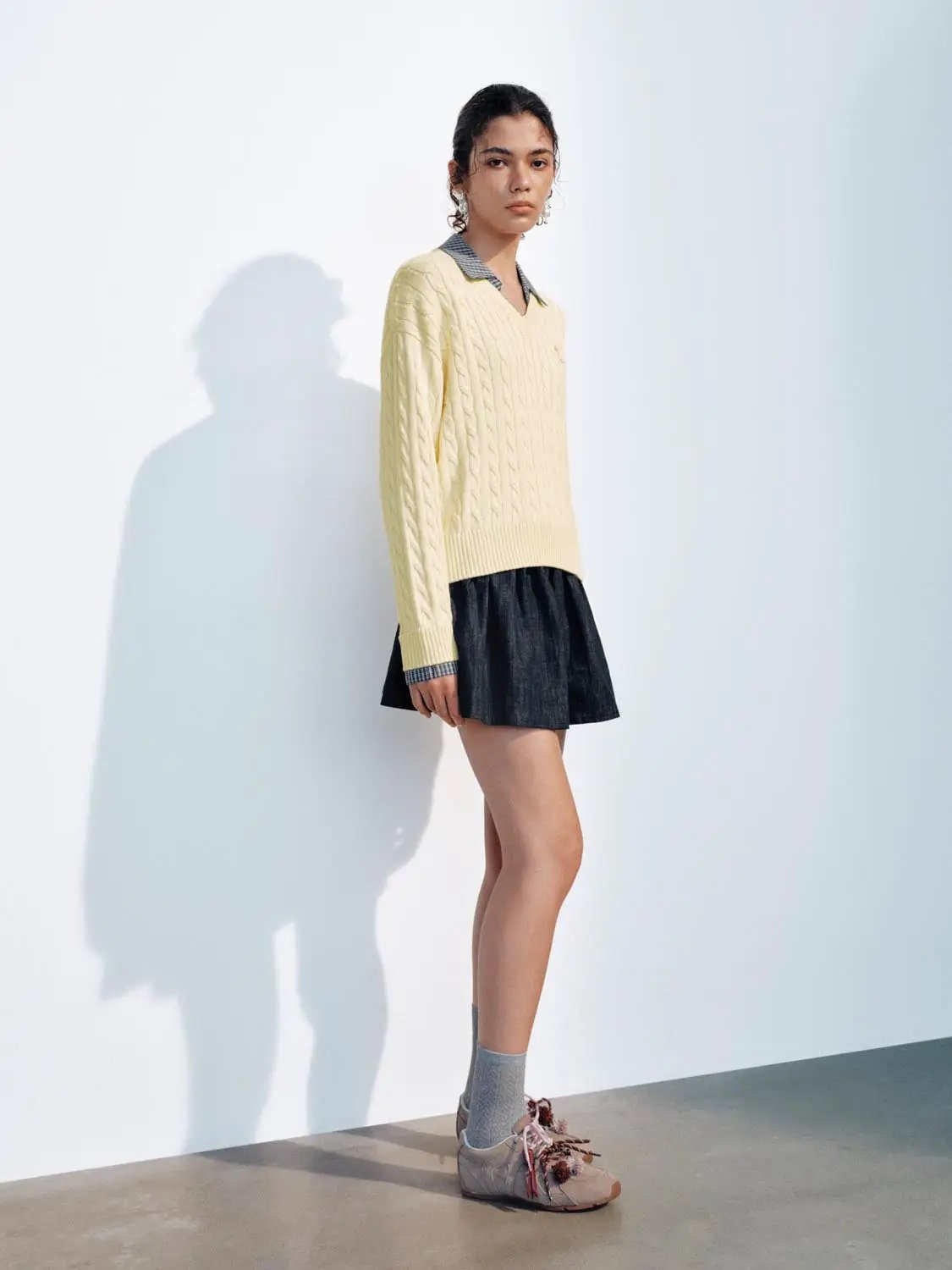 Cable Knit Checked Collar Long Sleeve Cotton Sweater