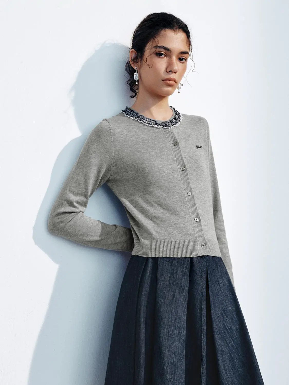 Ruffled Long Sleeve Button Front Knit Cardigan
