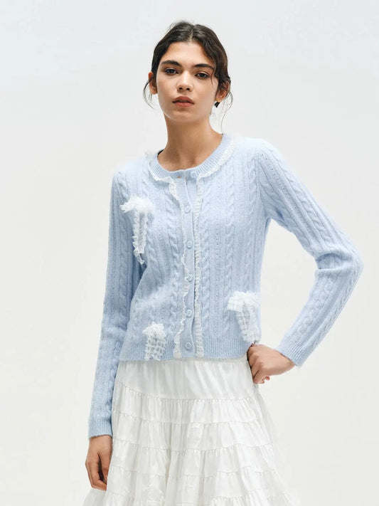 Ruffle Trim Crew Neck Cable Knit Long Sleeve Cardigan