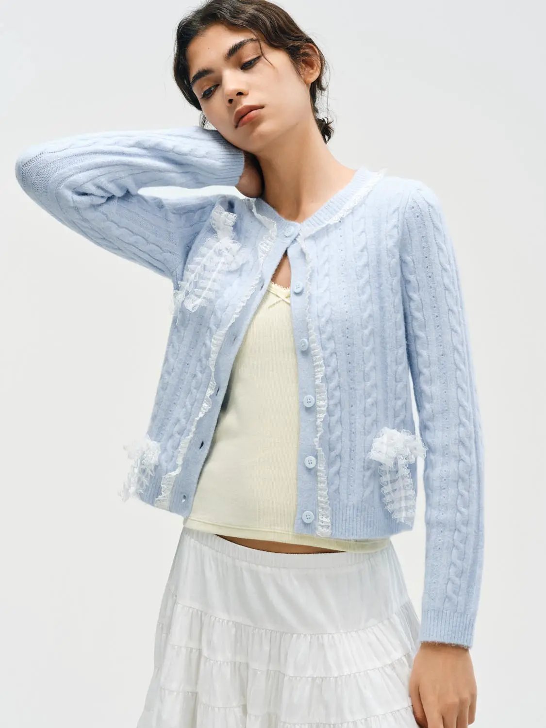 Ruffle Trim Crew Neck Cable Knit Long Sleeve Cardigan
