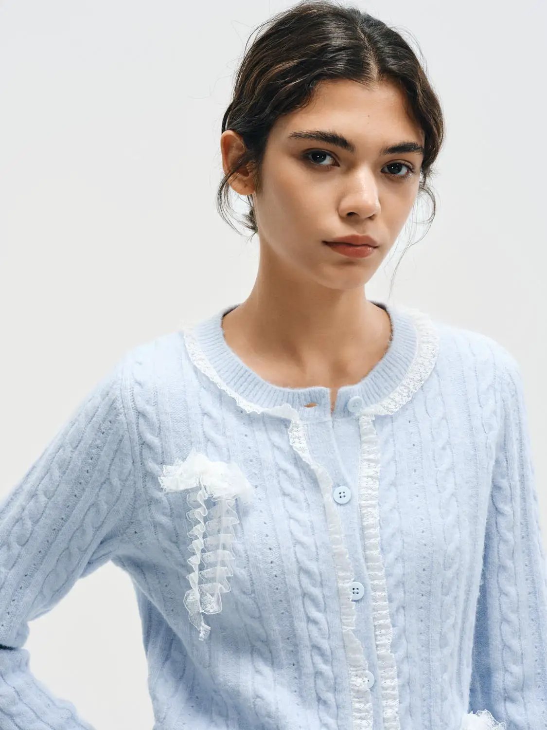Ruffle Trim Crew Neck Cable Knit Long Sleeve Cardigan