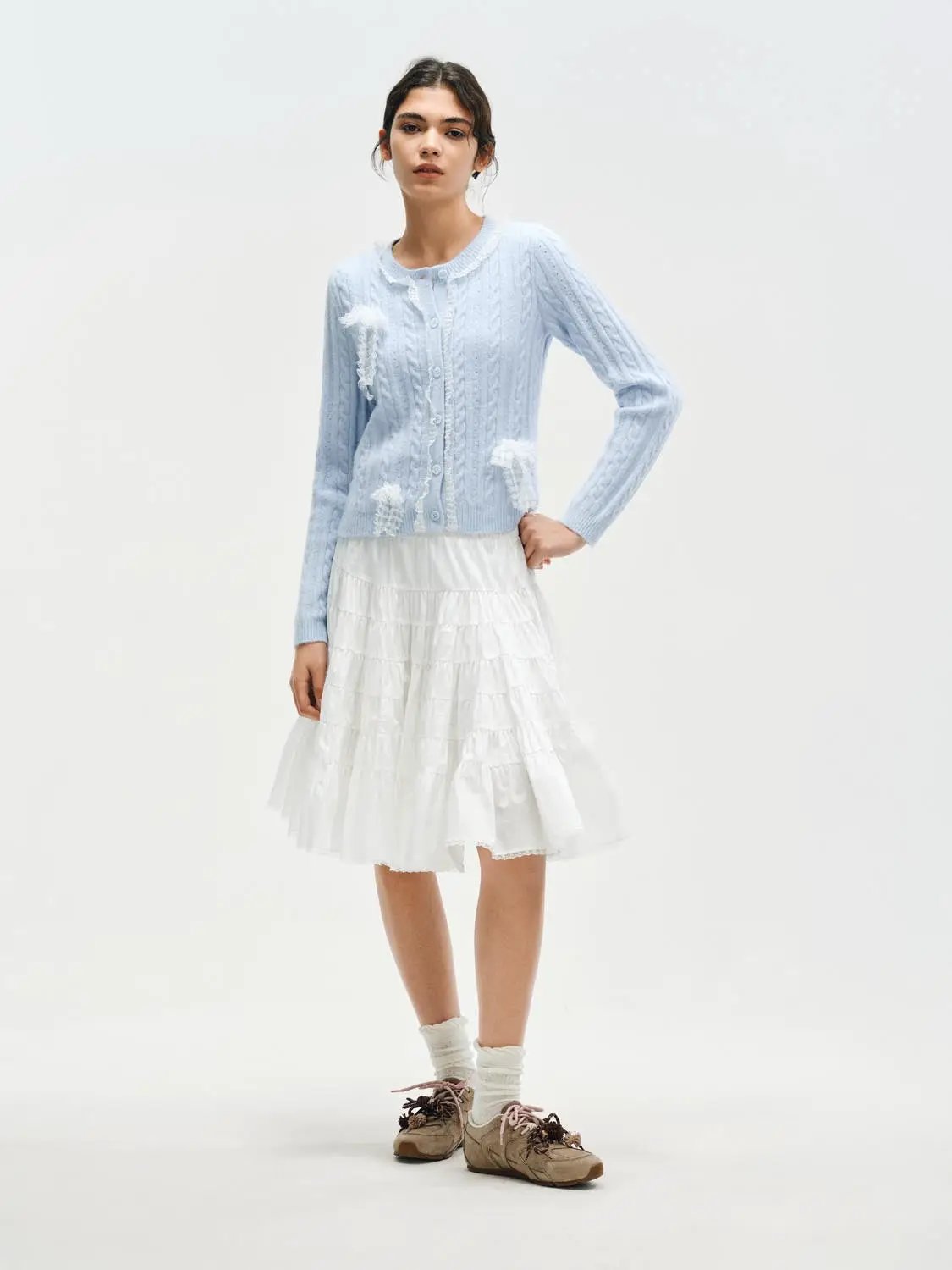 Ruffle Trim Crew Neck Cable Knit Long Sleeve Cardigan