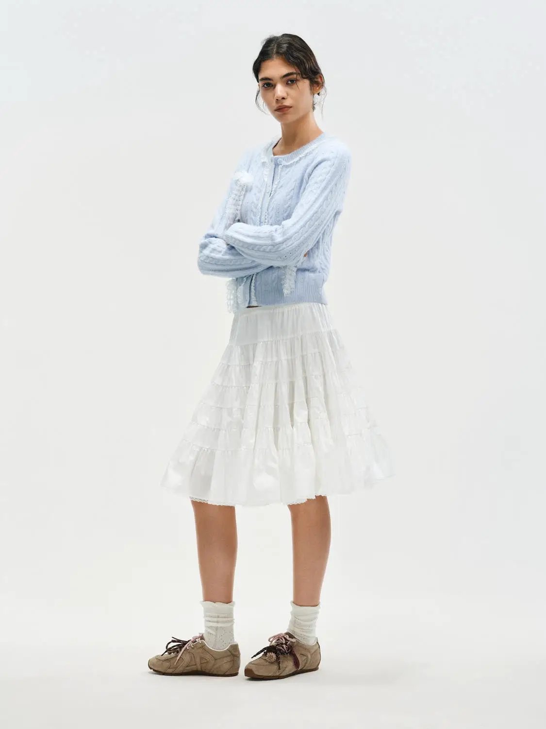 Ruffle Trim Crew Neck Cable Knit Long Sleeve Cardigan