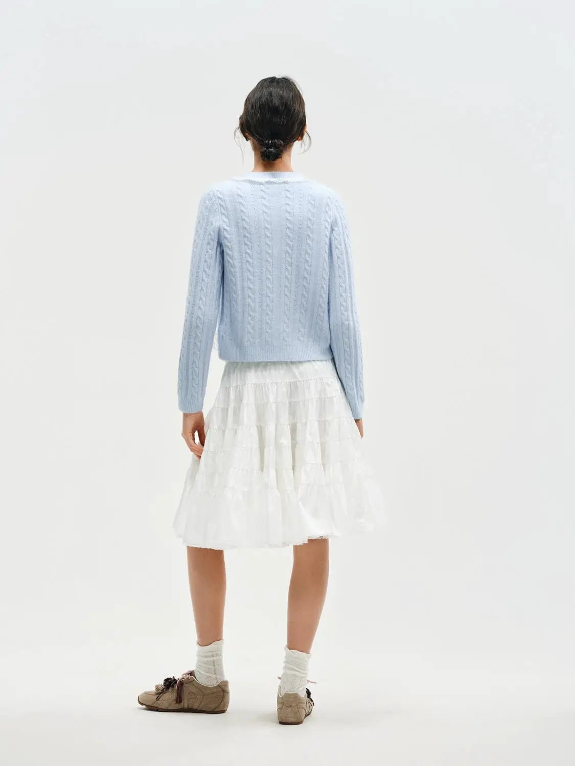 Ruffle Trim Crew Neck Cable Knit Long Sleeve Cardigan