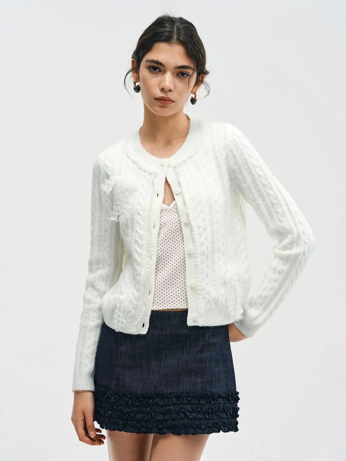 Ruffle Trim Crew Neck Cable Knit Long Sleeve Cardigan