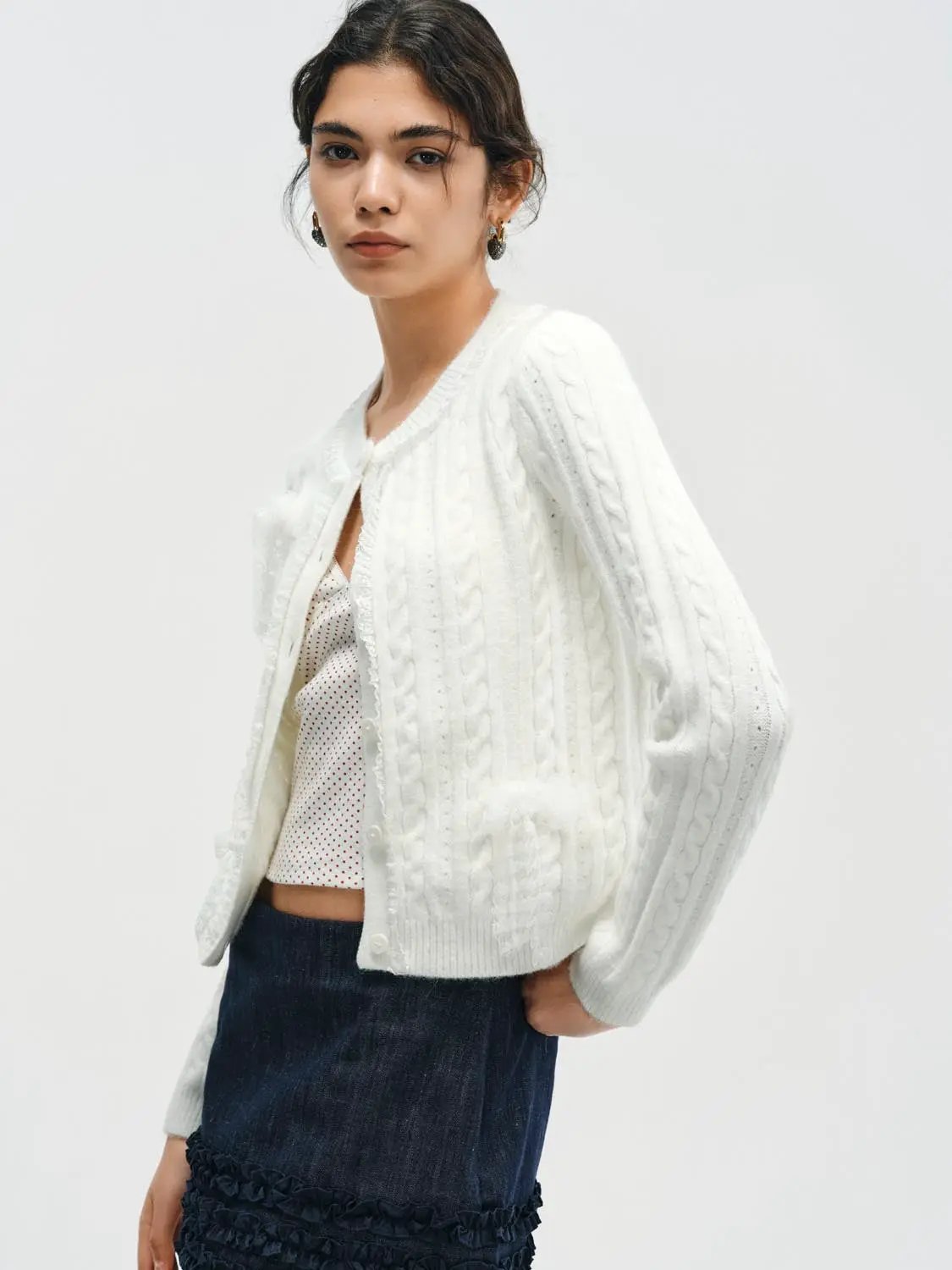 Ruffle Trim Crew Neck Cable Knit Long Sleeve Cardigan