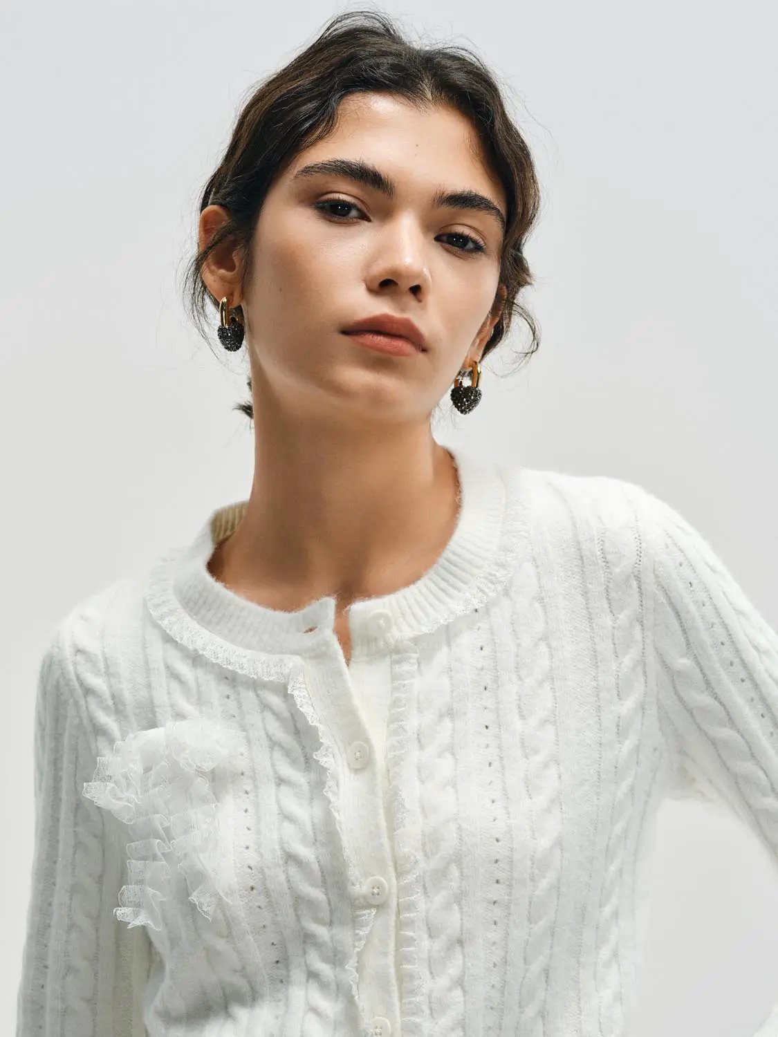 Ruffle Trim Crew Neck Cable Knit Long Sleeve Cardigan