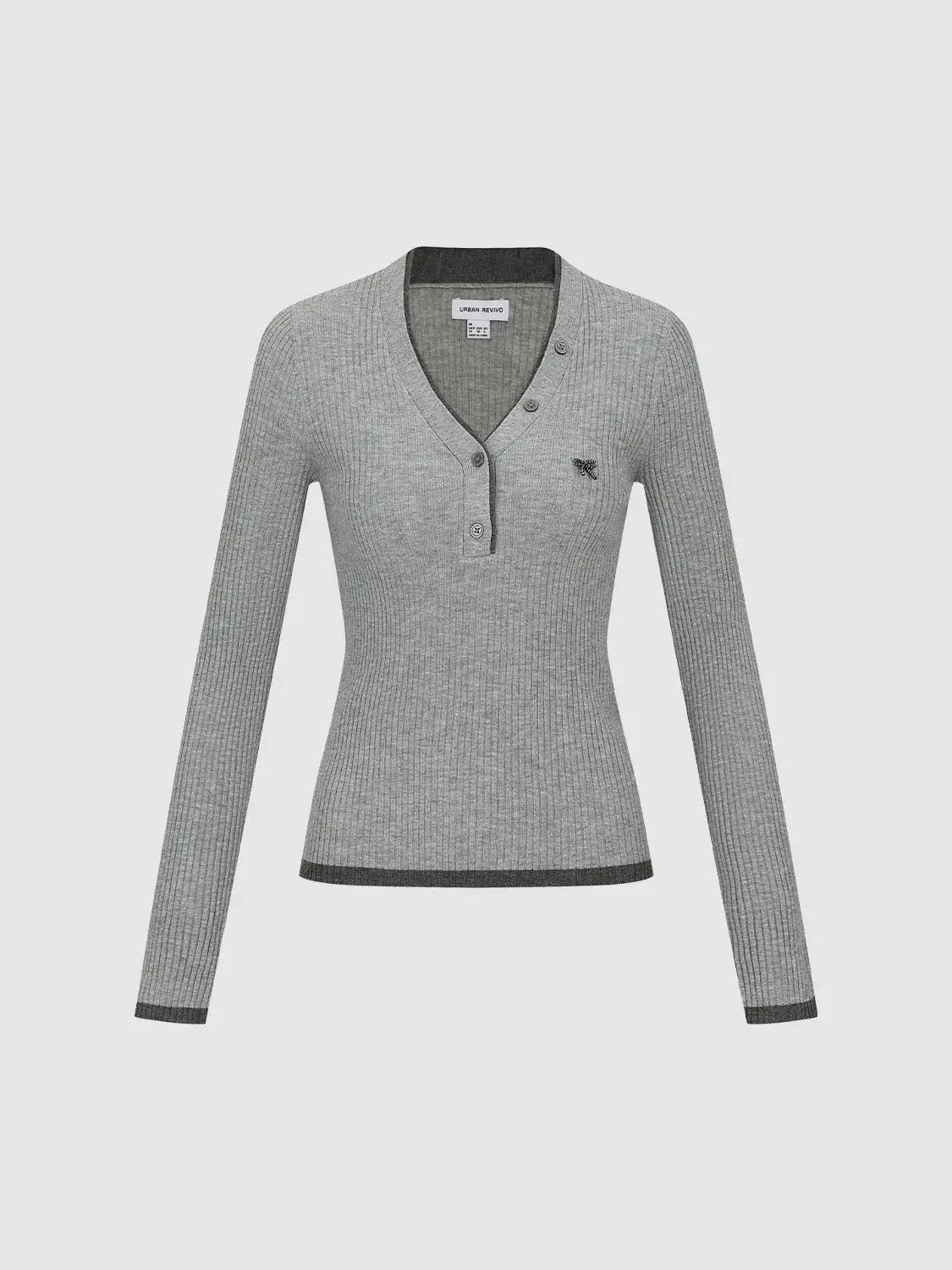 Ribbed Button Placket Bow V-neck Knit Long Sleeve T-shirt
