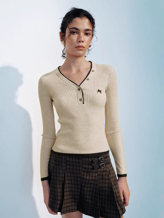 Ribbed Button Placket Bow V-neck Knit Long Sleeve T-shirt