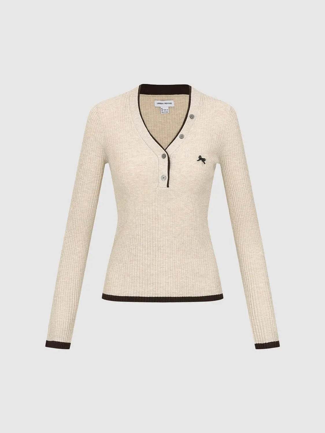 Ribbed Button Placket Bow V-neck Knit Long Sleeve T-shirt