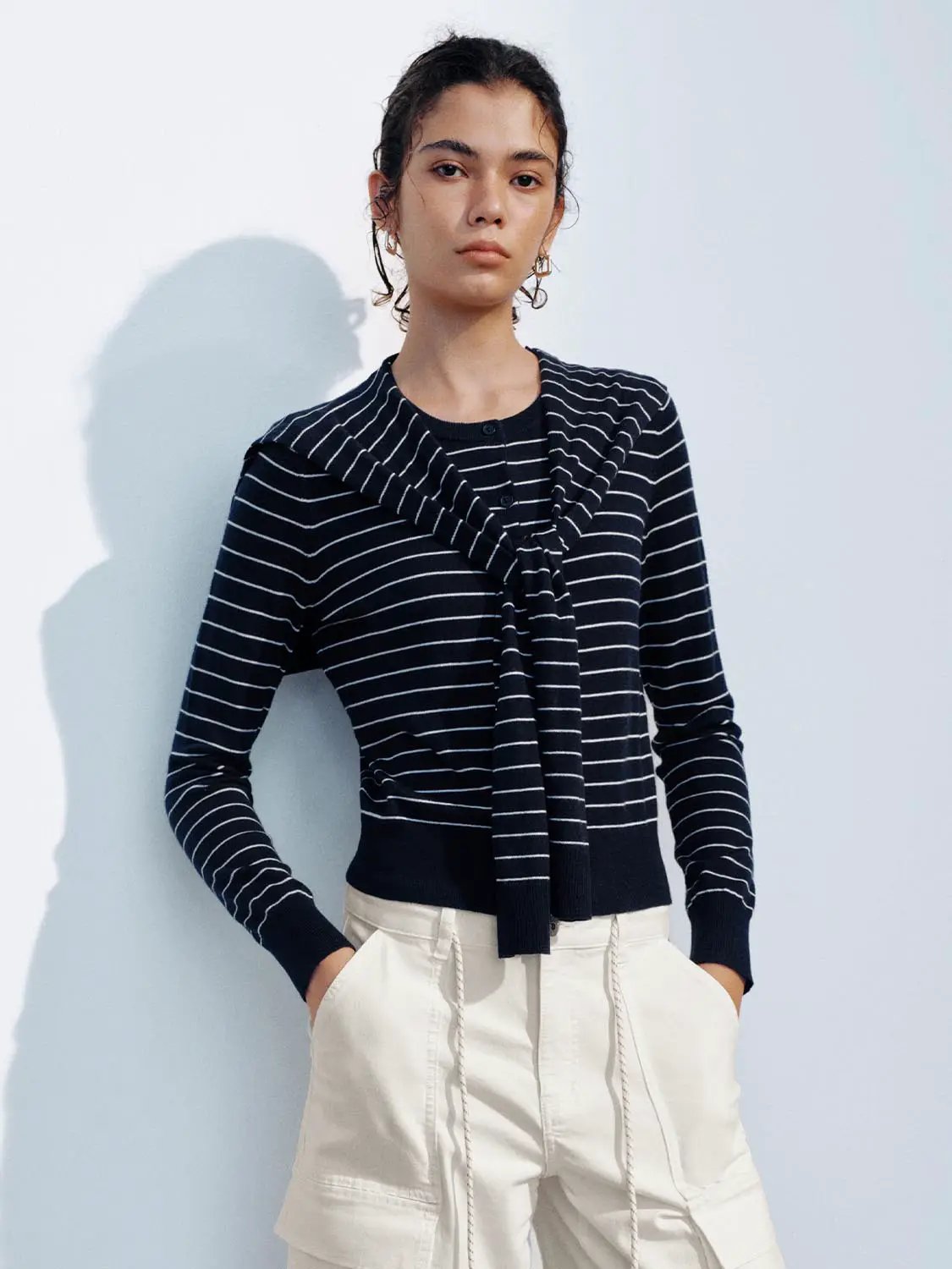 Striped Long Sleeve Shawl Collar Knit Cardigan