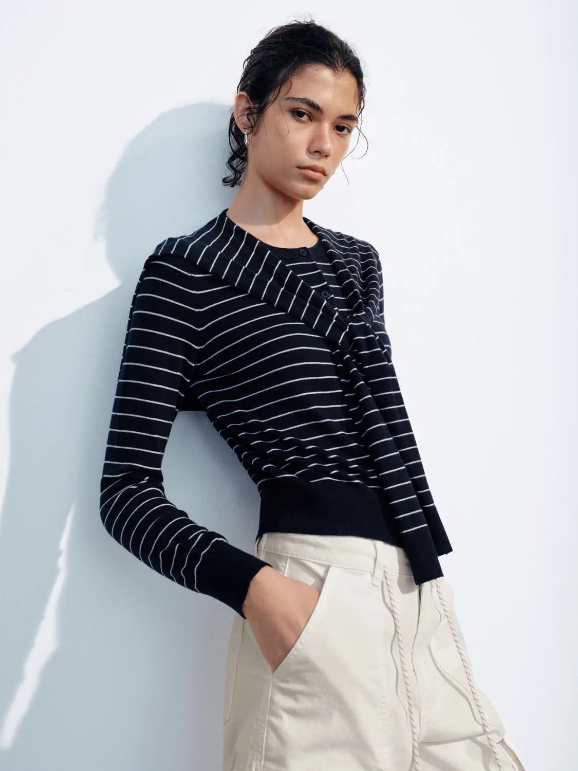 Striped Long Sleeve Shawl Collar Knit Cardigan
