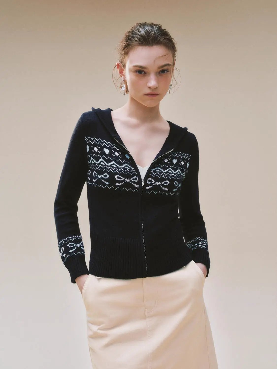 Hooded Fair Isle Pattern Long Sleeve Zip Knit Jacket