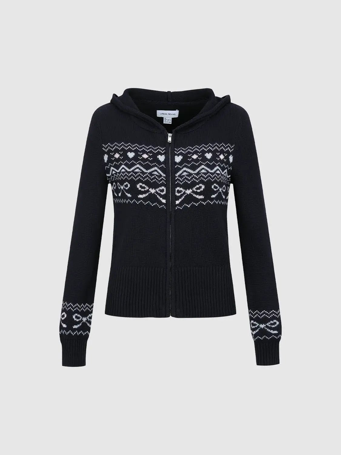 Hooded Fair Isle Pattern Long Sleeve Zip Knit Jacket