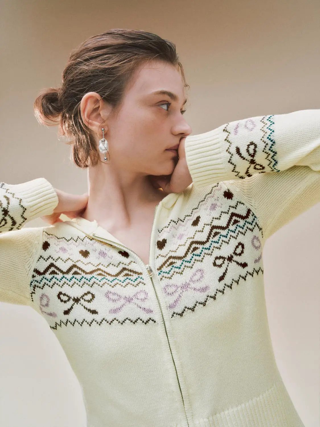 Hooded Fair Isle Pattern Long Sleeve Zip Knit Jacket
