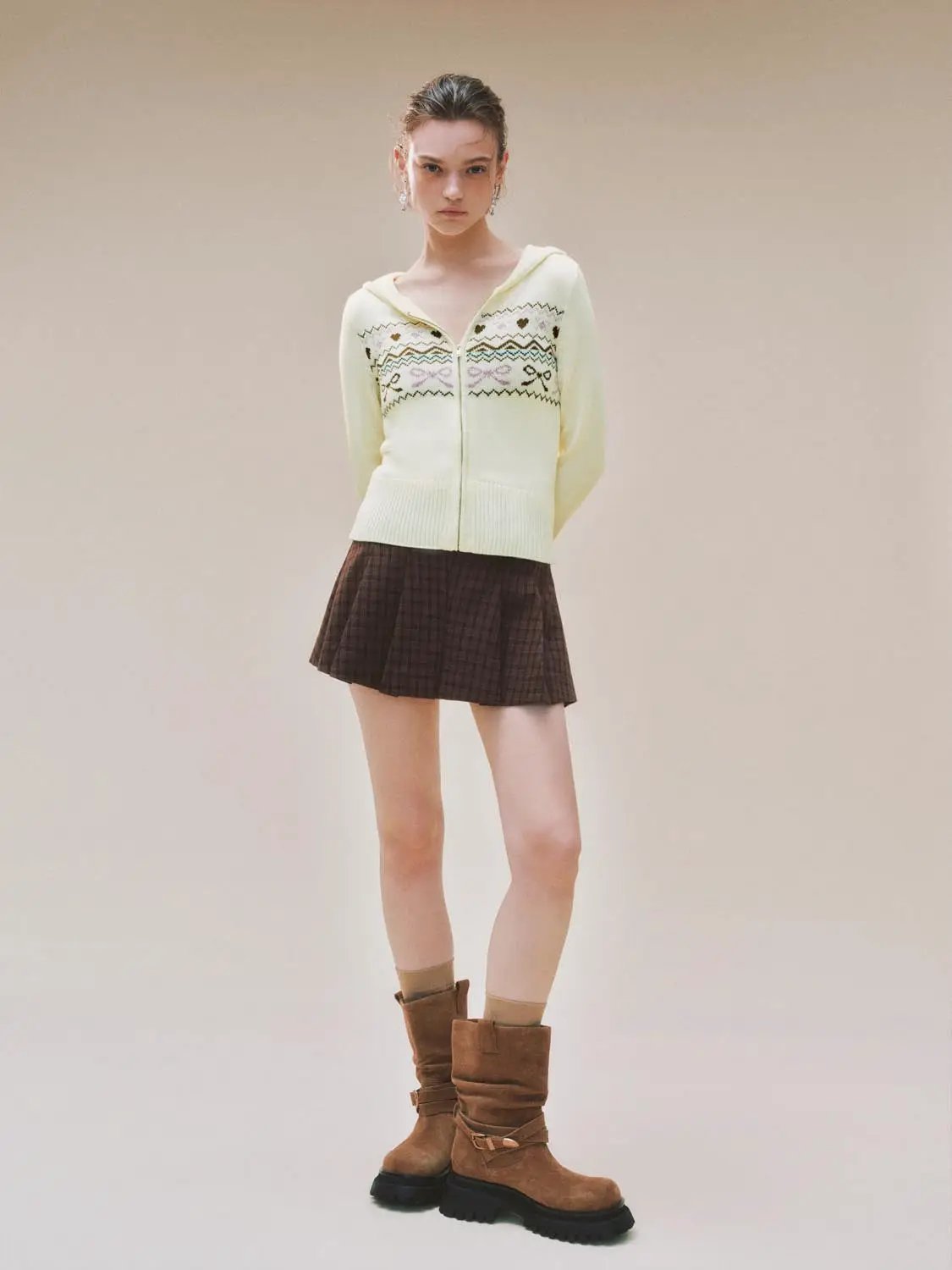Hooded Fair Isle Pattern Long Sleeve Zip Knit Jacket