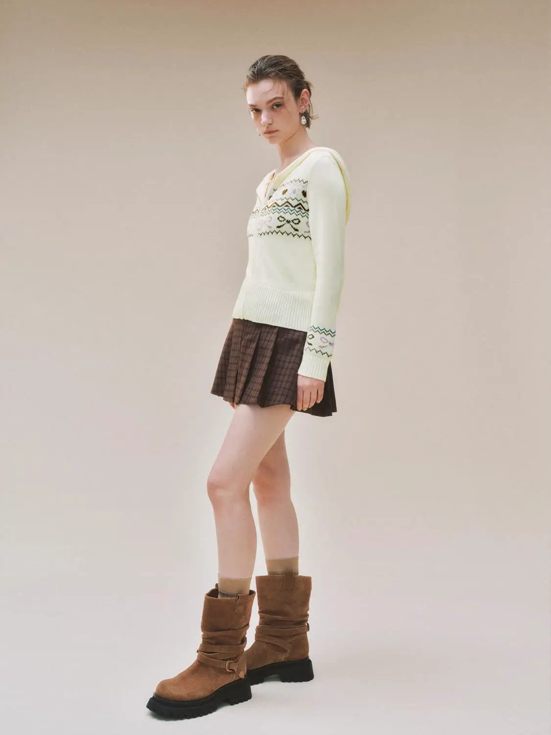 Hooded Fair Isle Pattern Long Sleeve Zip Knit Jacket