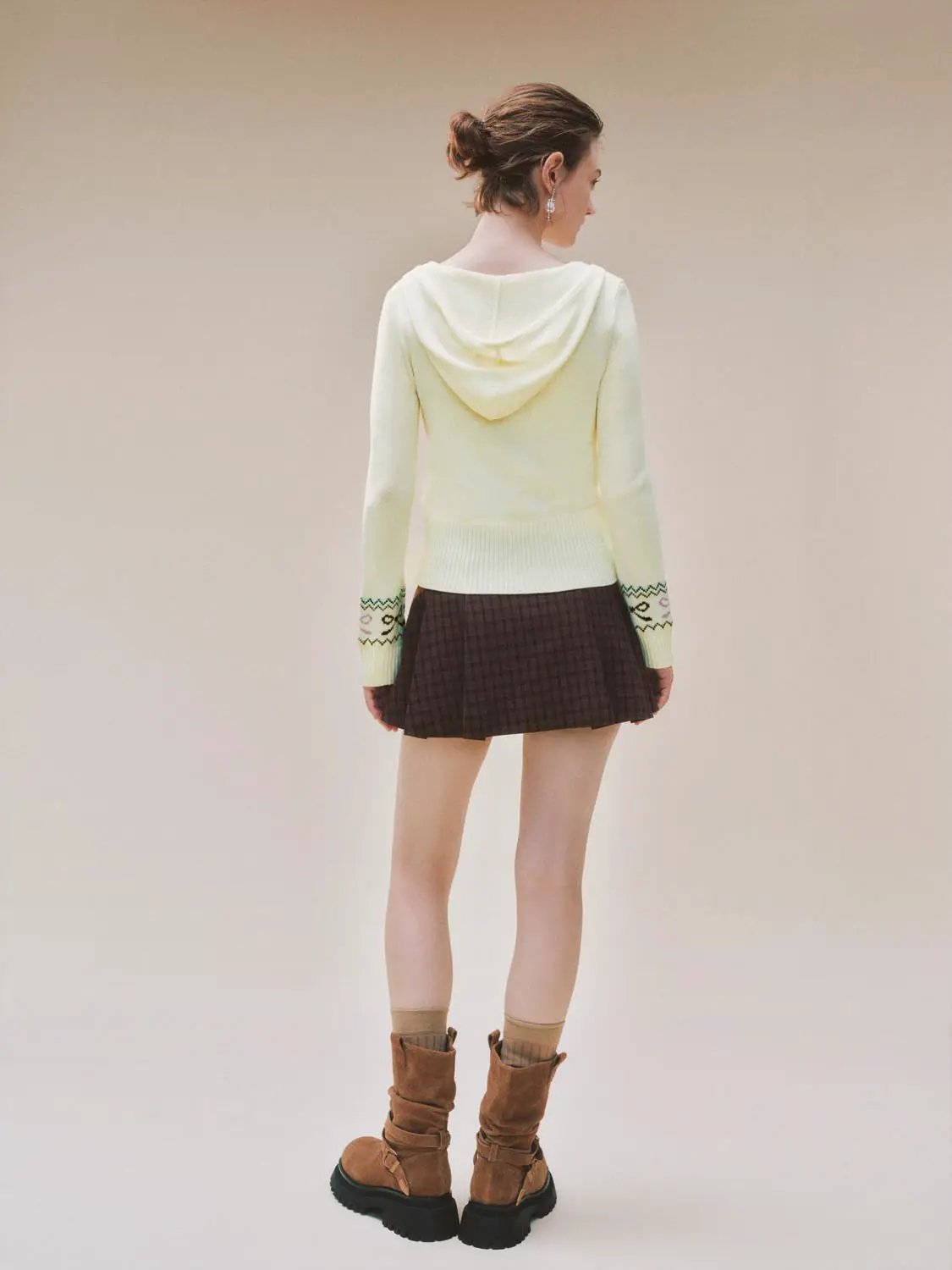 Hooded Fair Isle Pattern Long Sleeve Zip Knit Jacket