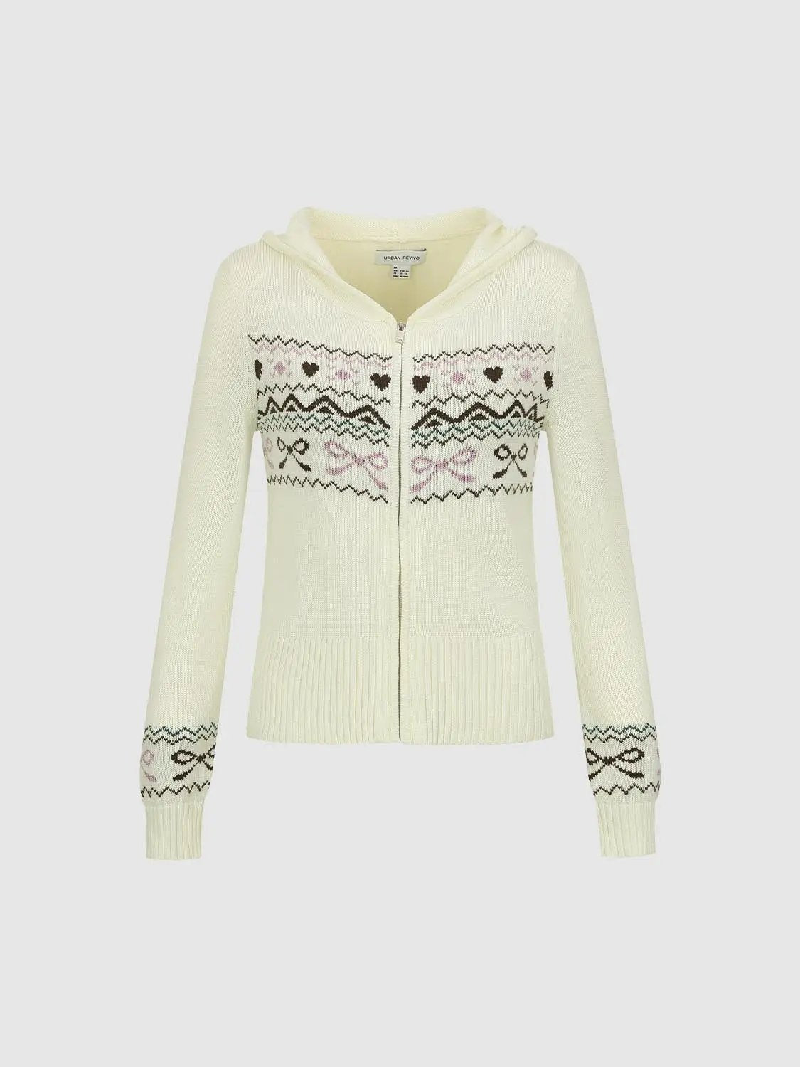 Hooded Fair Isle Pattern Long Sleeve Zip Knit Jacket