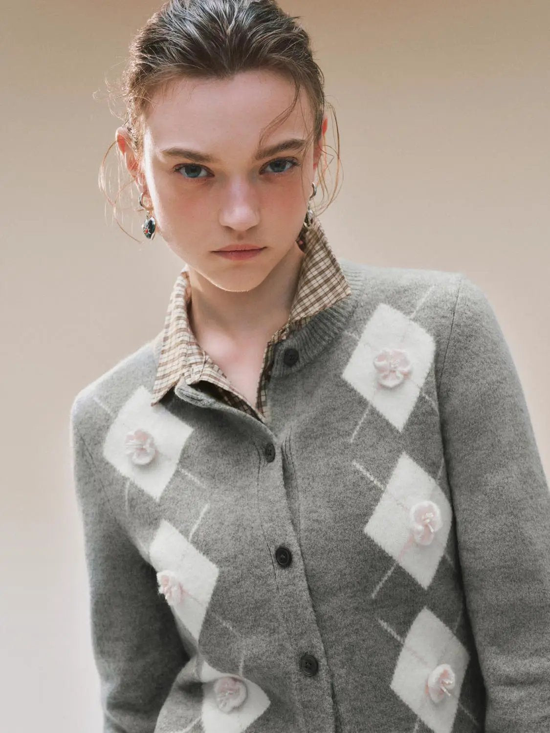 Argyle Floral Applique Knit Long Sleeve Cardigan