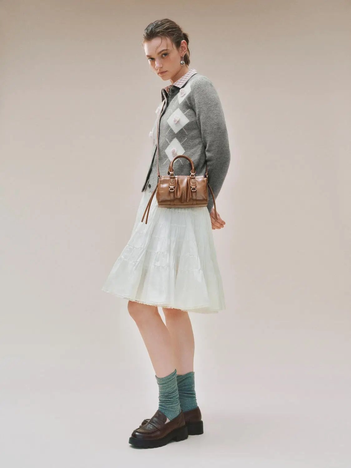 Argyle Floral Applique Knit Long Sleeve Cardigan
