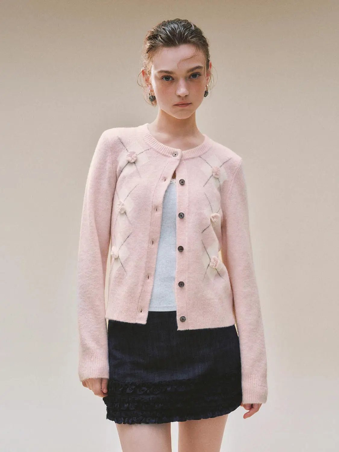 Argyle Floral Applique Knit Long Sleeve Cardigan