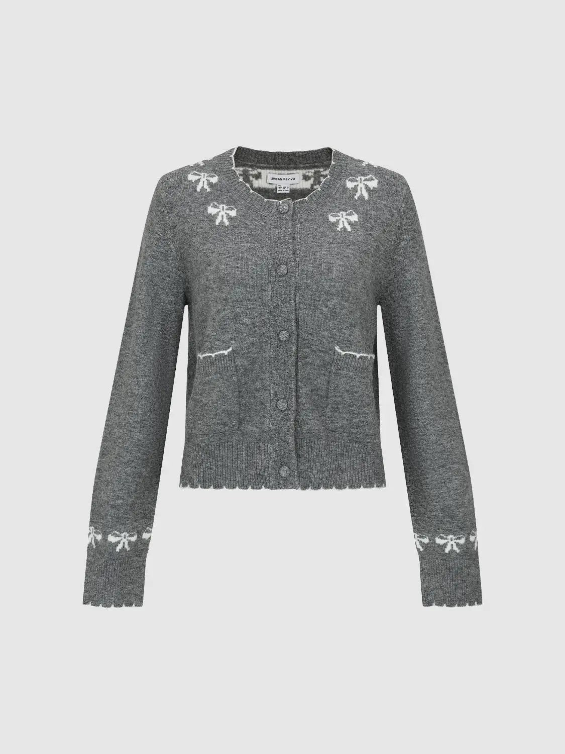 Bow Pattern Crew Neck Long Sleeve Cardigan