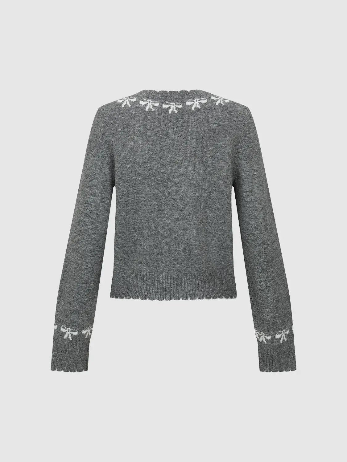 Bow Pattern Crew Neck Long Sleeve Cardigan