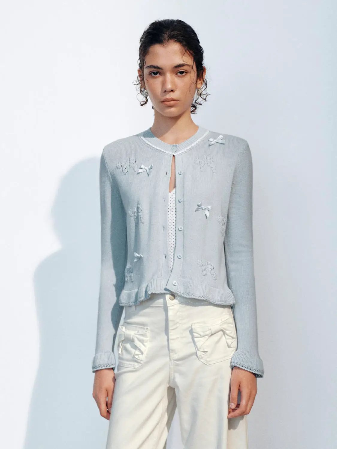 Knitted Bow Detail Crew Neck Long Sleeve Cardigan