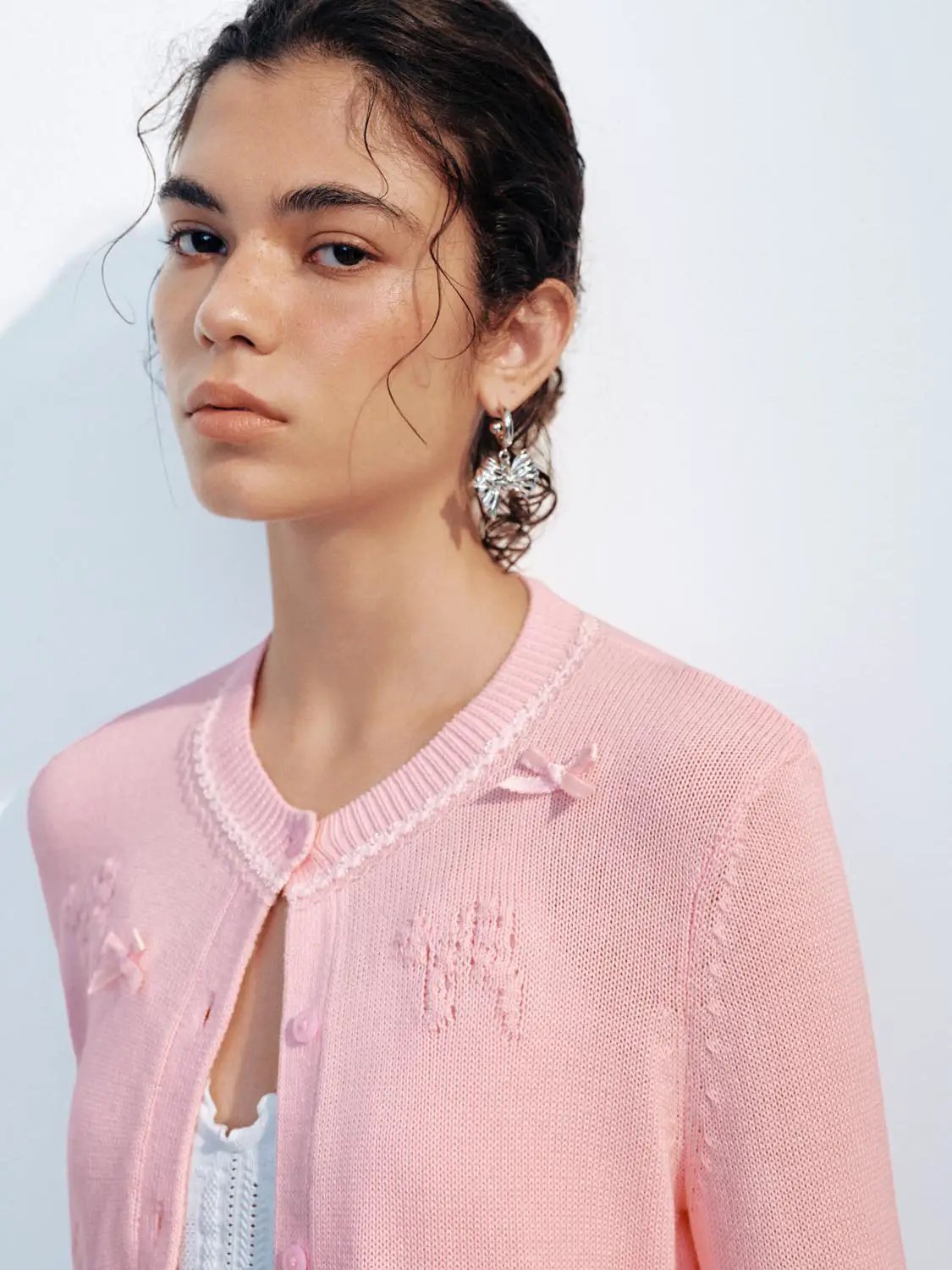 Knitted Bow Detail Crew Neck Long Sleeve Cardigan