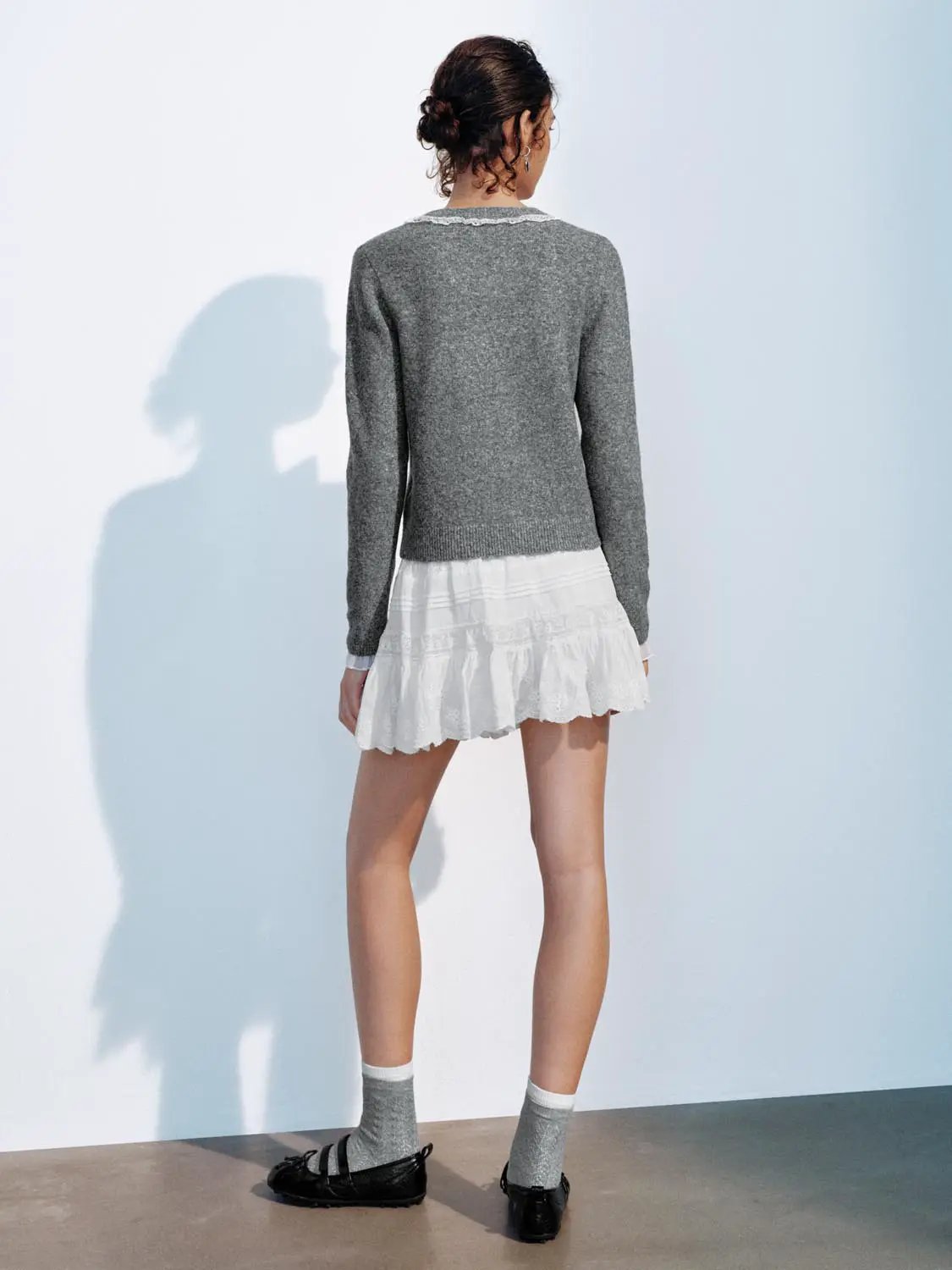 Lace Trim Bow Detail Long Sleeve Ribbed Sweater