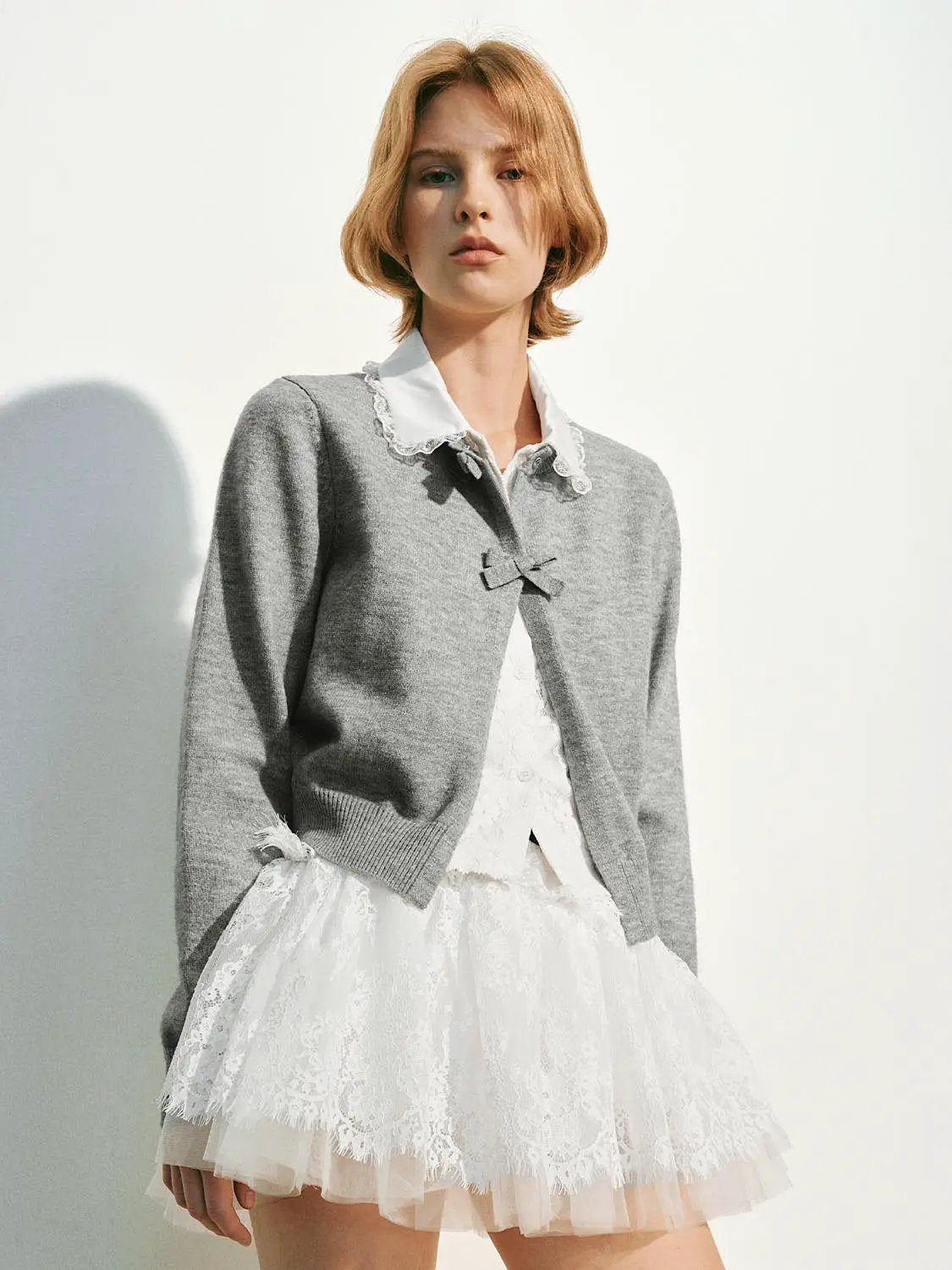 Bow Detail Long Sleeve Ribbed Knit Cardigan