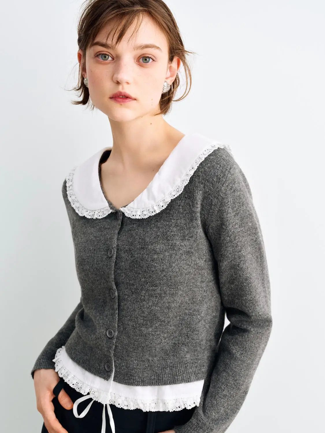 Lace Collar Lace Hem Long Sleeve Cardigan
