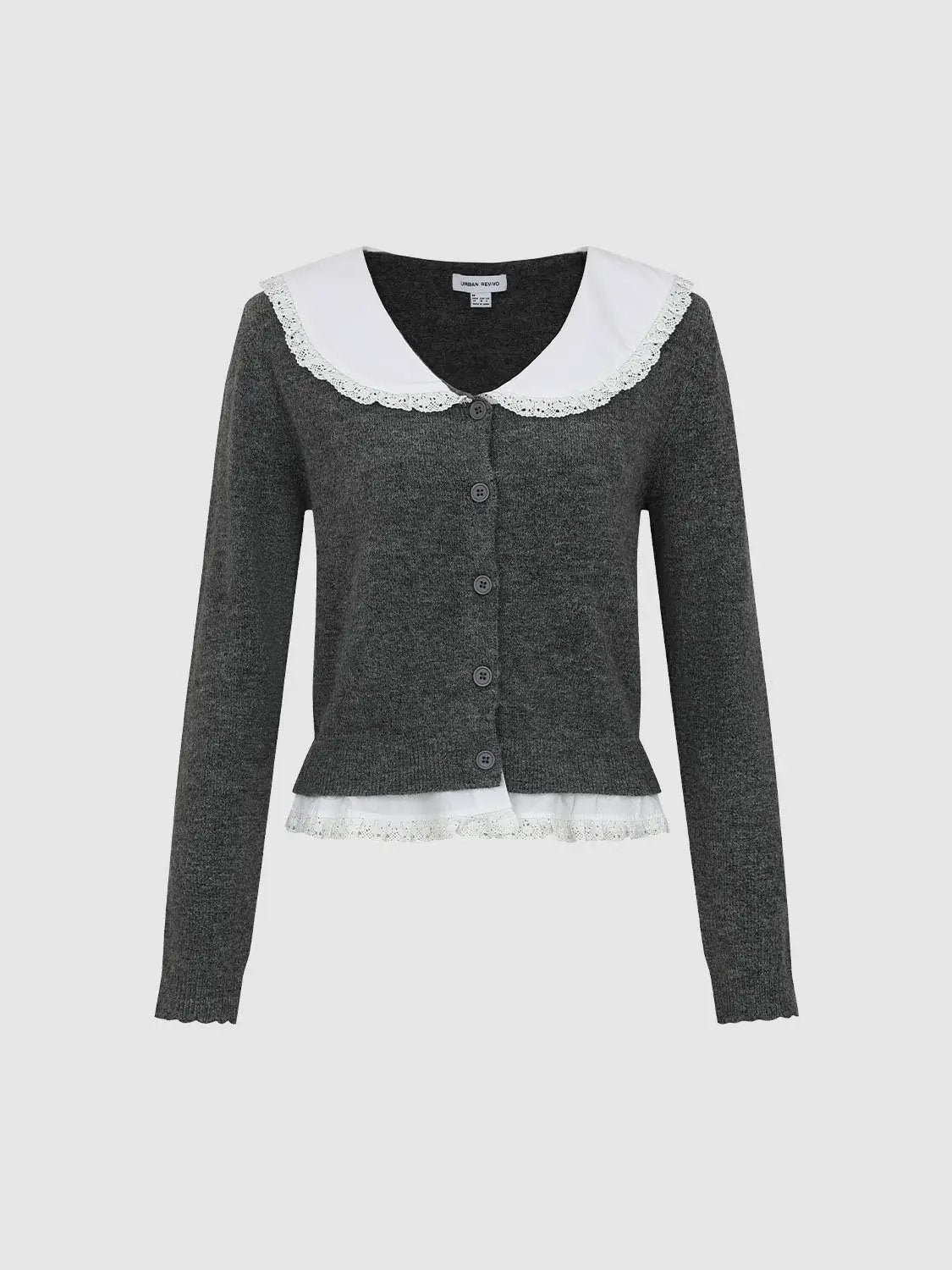 Lace Collar Lace Hem Long Sleeve Cardigan