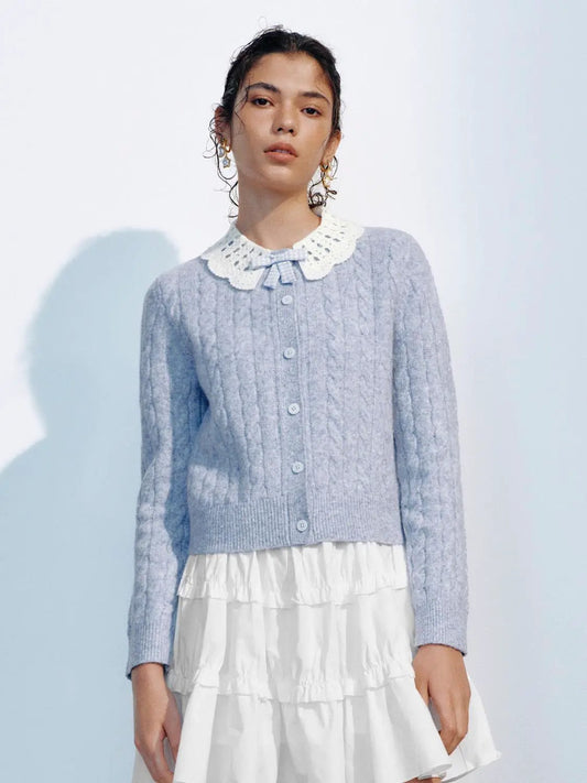 Bow Collar Cable Knit Long Sleeve Cardigan