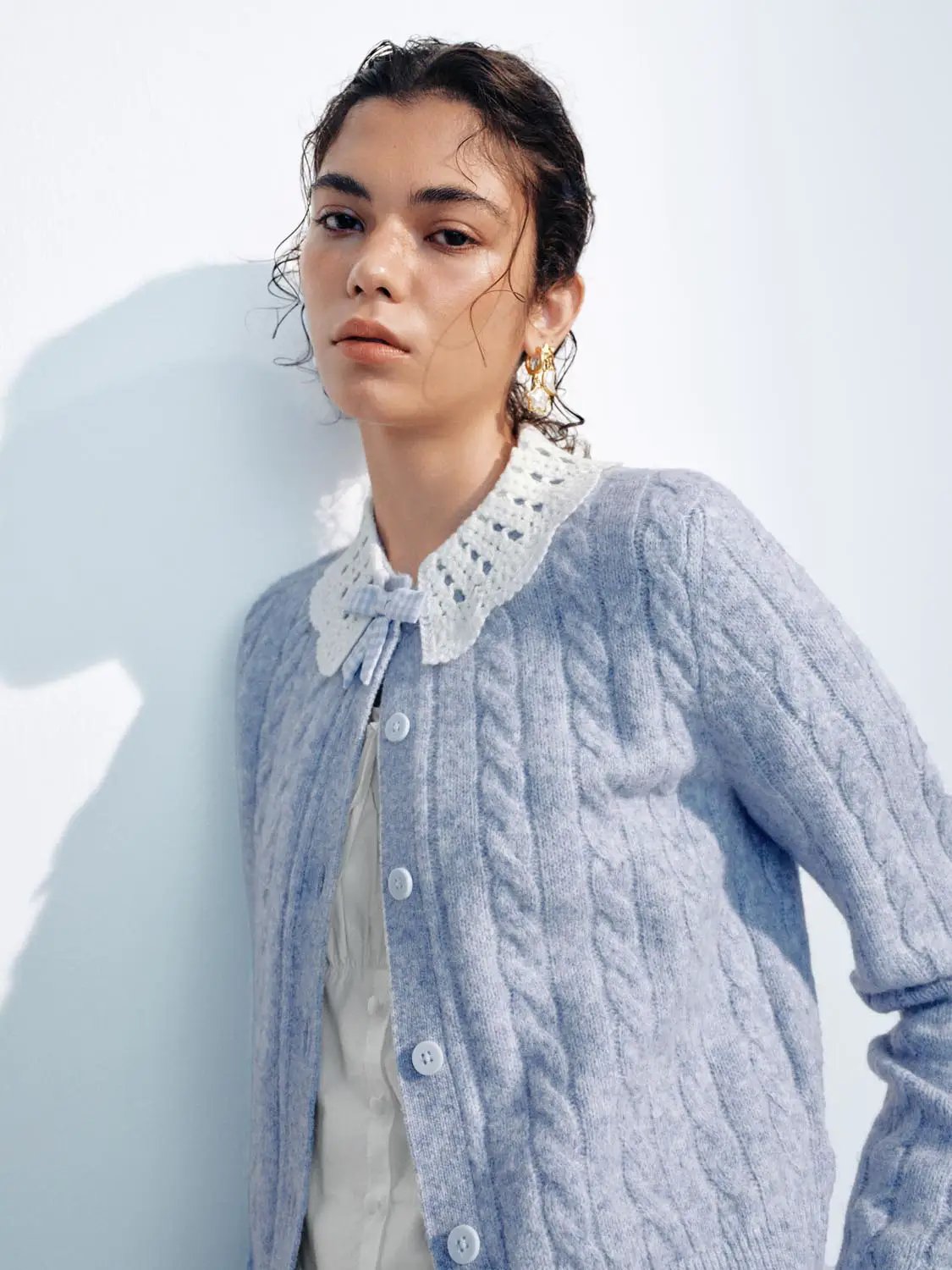 Bow Collar Cable Knit Long Sleeve Cardigan