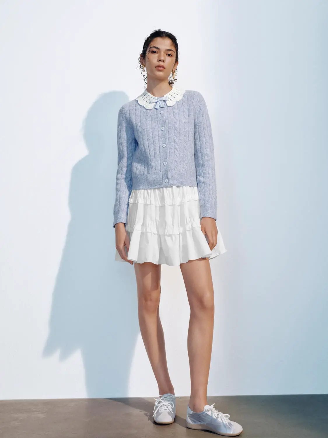Bow Collar Cable Knit Long Sleeve Cardigan