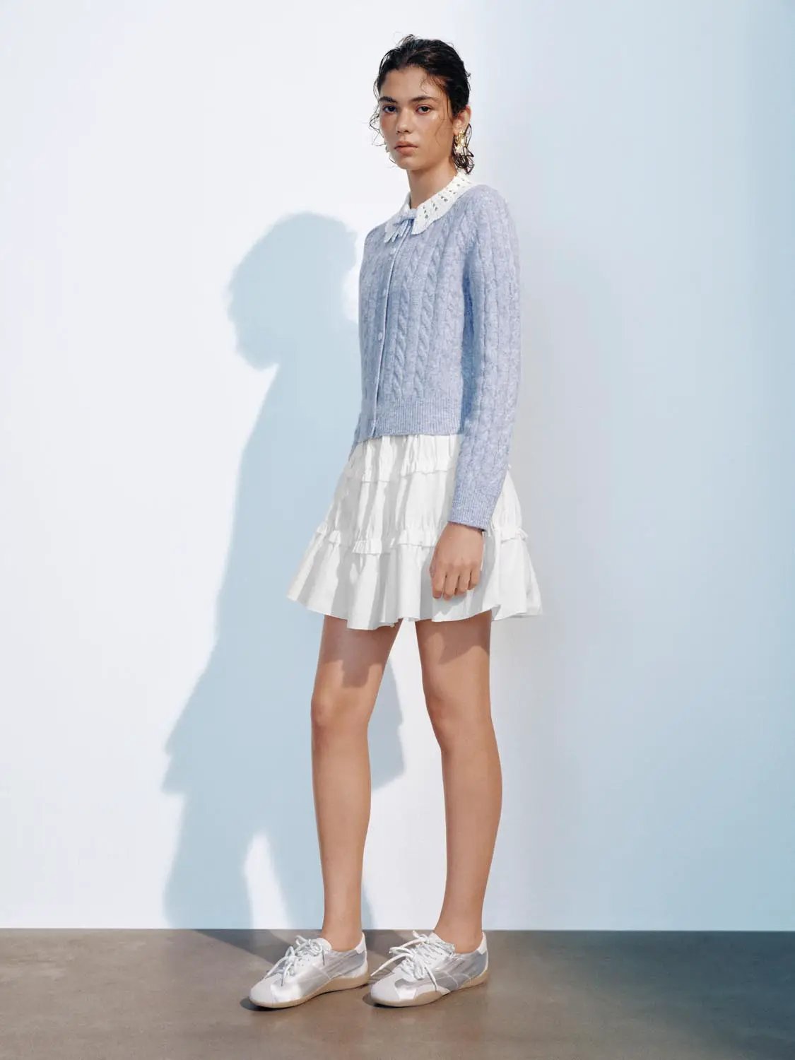 Bow Collar Cable Knit Long Sleeve Cardigan