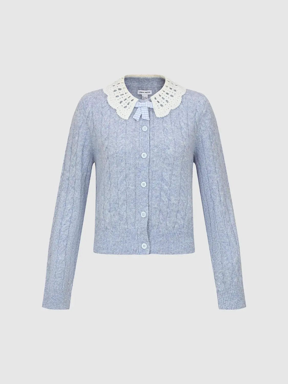 Bow Collar Cable Knit Long Sleeve Cardigan