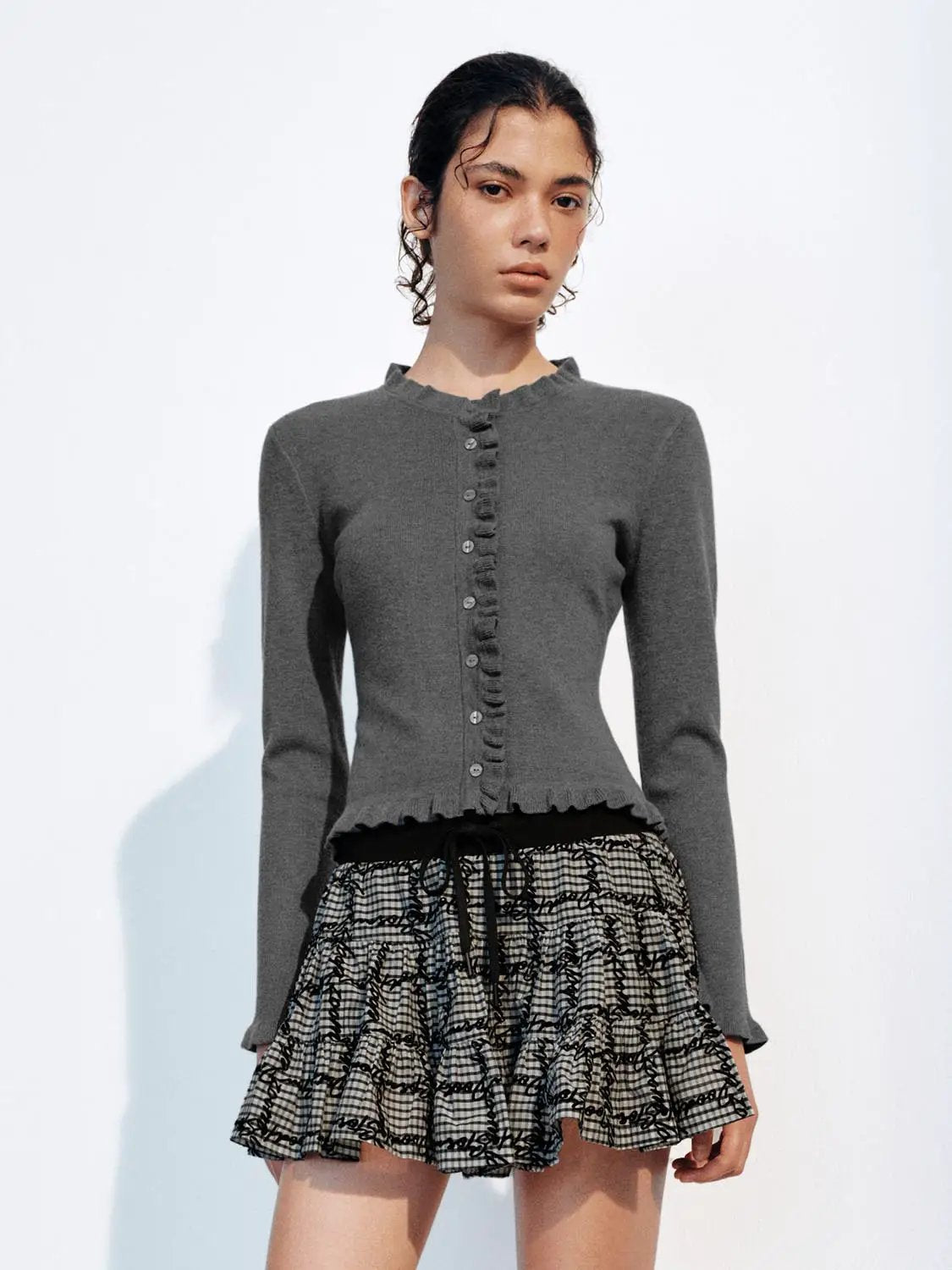 Ruffle Button Front Long Sleeve Knit Cardigan