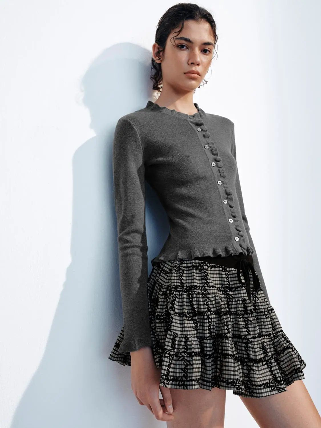 Ruffle Button Front Long Sleeve Knit Cardigan