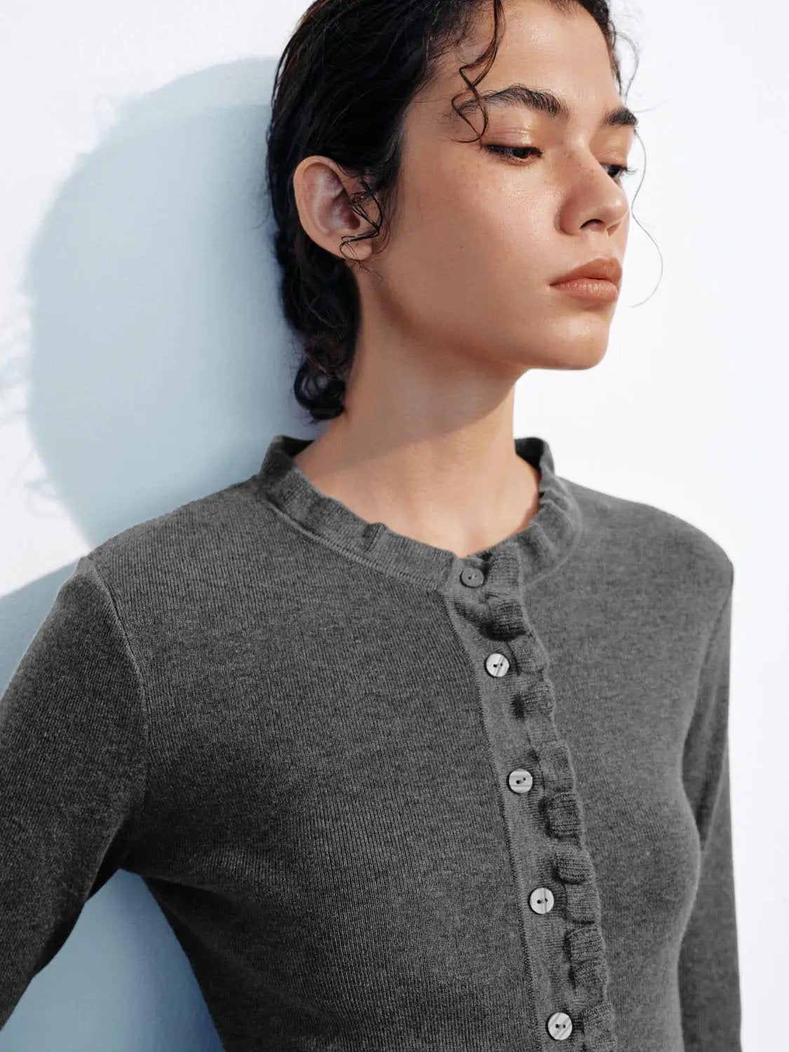 Ruffle Button Front Long Sleeve Knit Cardigan