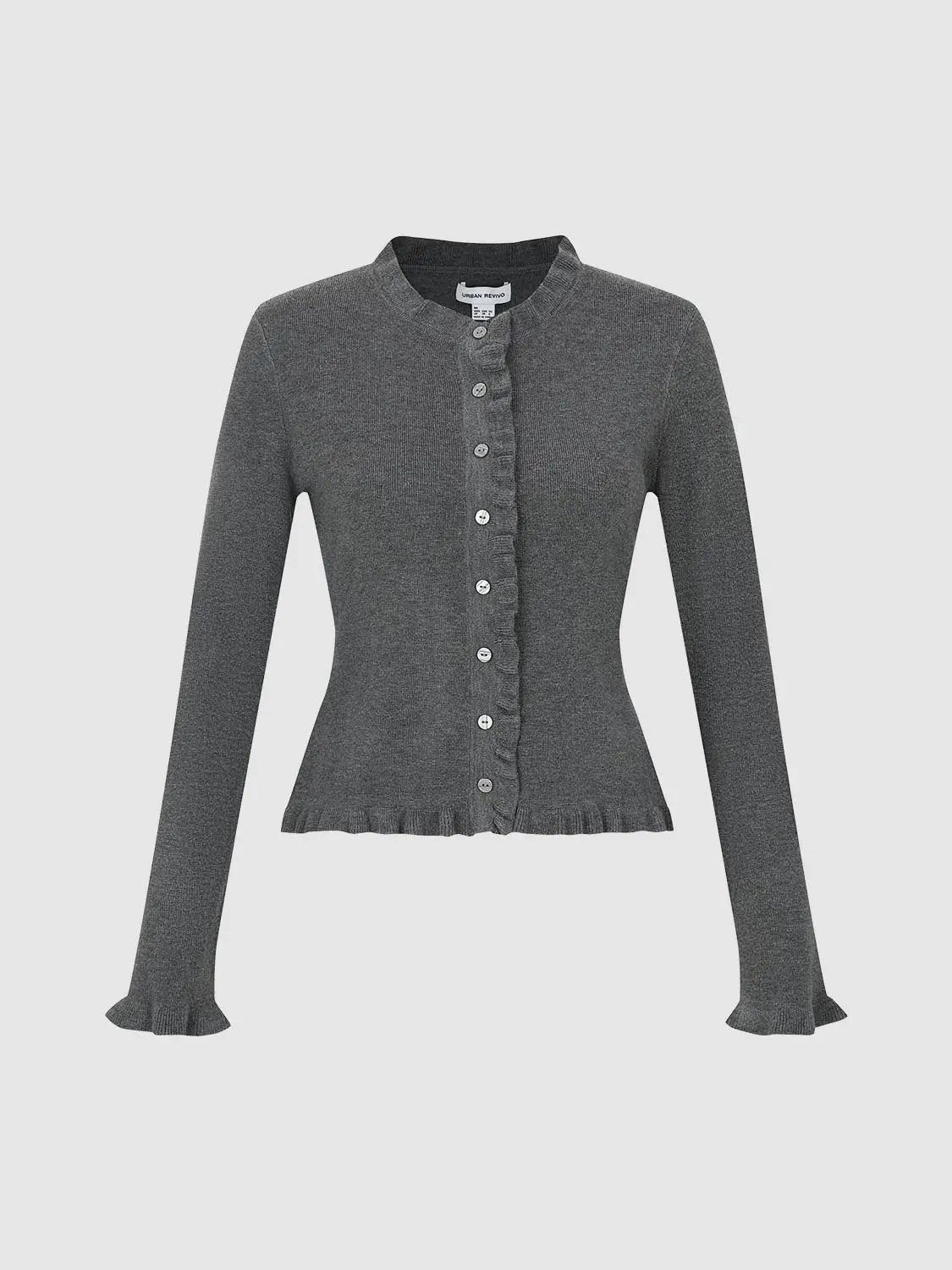 Ruffle Button Front Long Sleeve Knit Cardigan