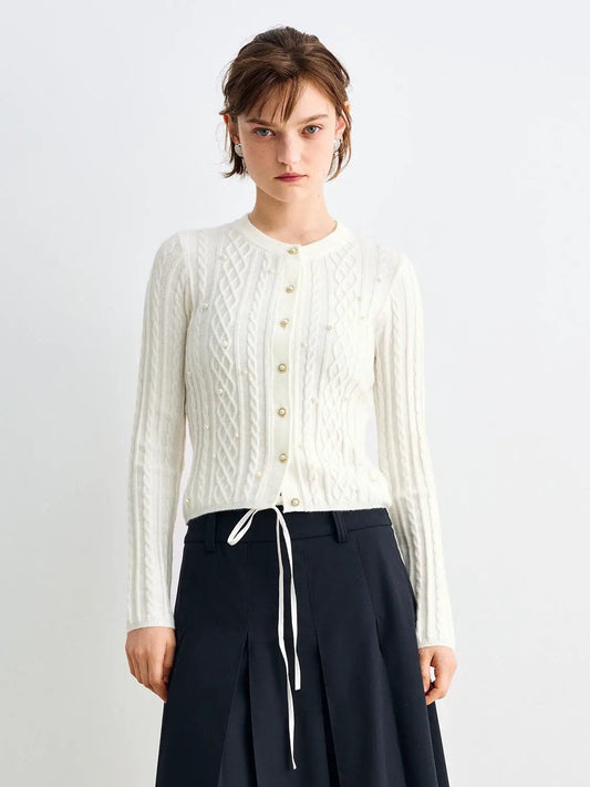 Cable Knit Pearl Button Crew Neck Long Sleeve Cardigan