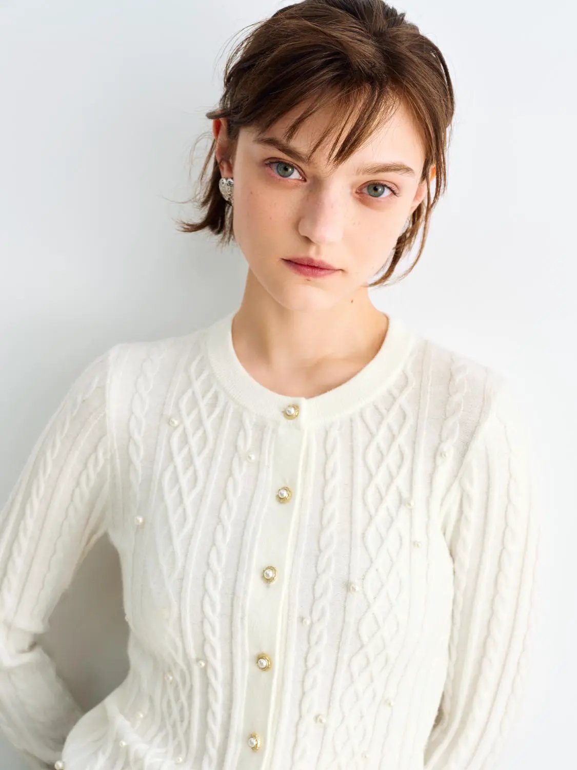 Cable Knit Pearl Button Crew Neck Long Sleeve Cardigan