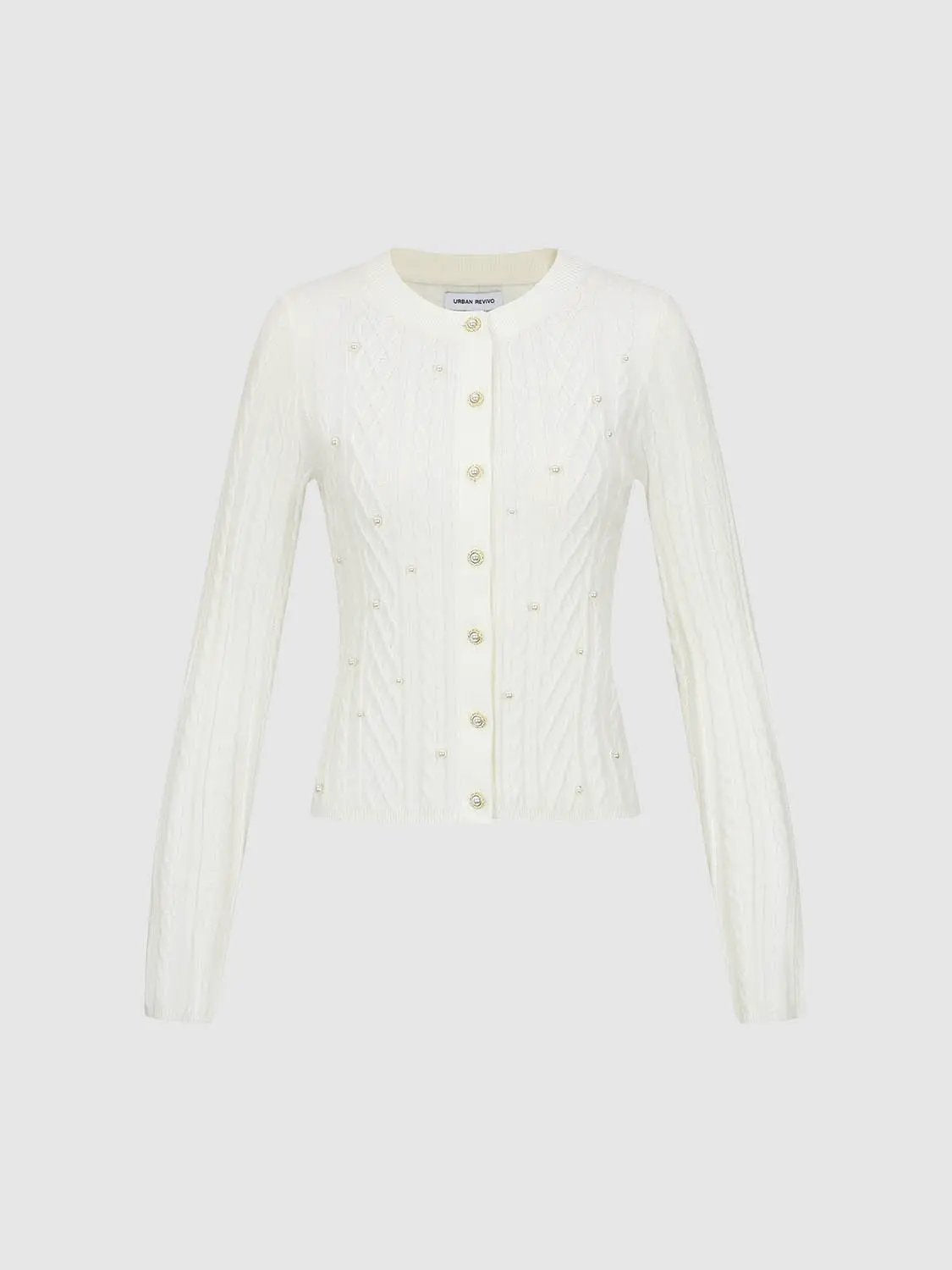 Cable Knit Pearl Button Crew Neck Long Sleeve Cardigan