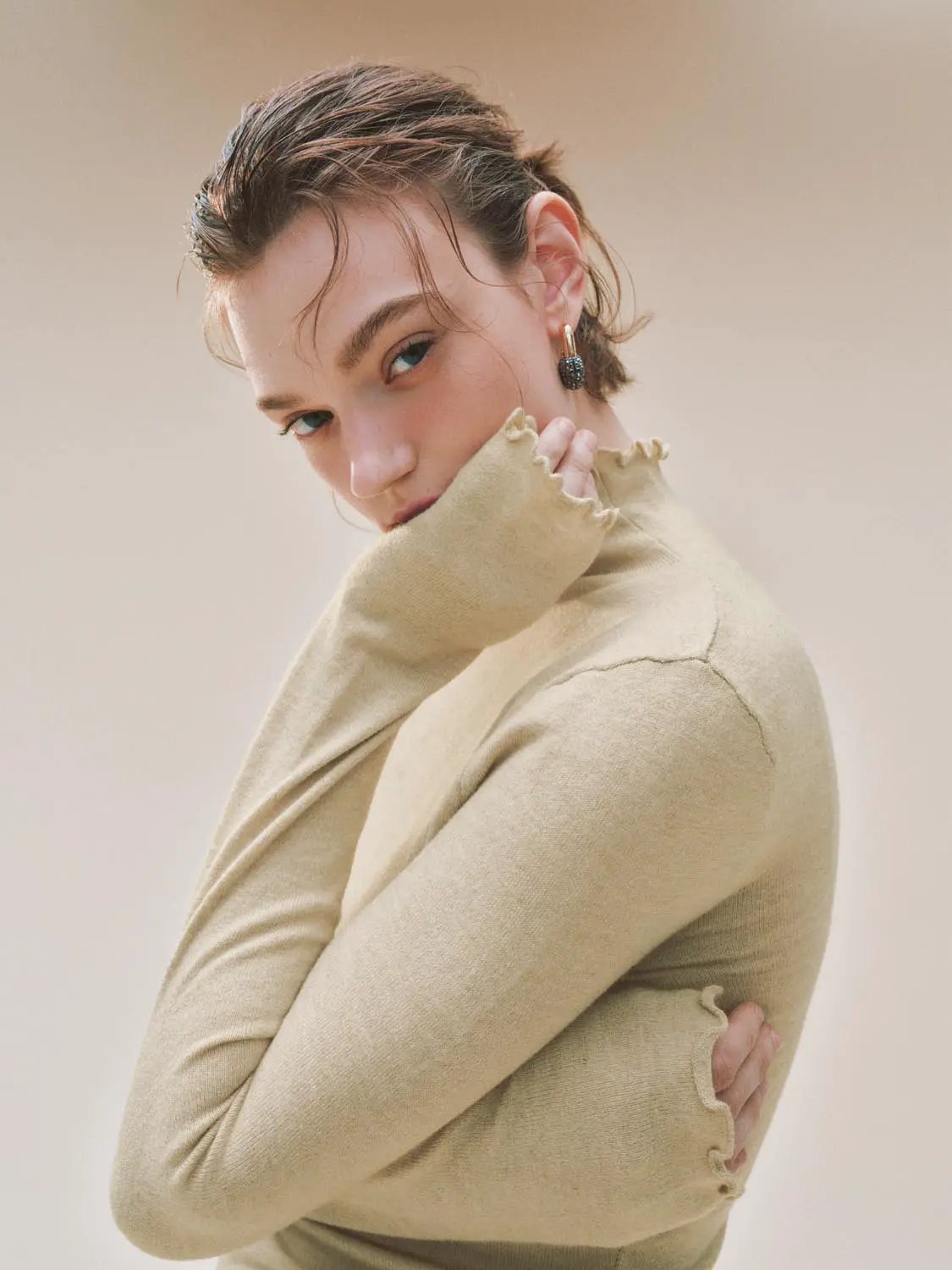 Ruffled Mock Neck Wavy Hem Long Sleeve Knit Top